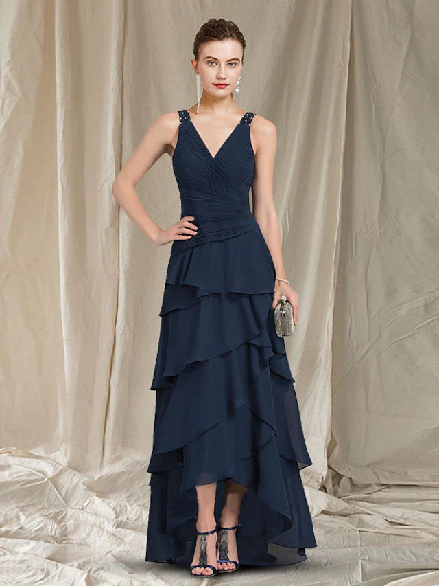 DingjiTwo Piece A-Line Mother of the Bride Dress Elegant High Low V Neck Asymmetrical Floor Length Chiffon Short Sleeve Wrap Included with Ruched Ruffles