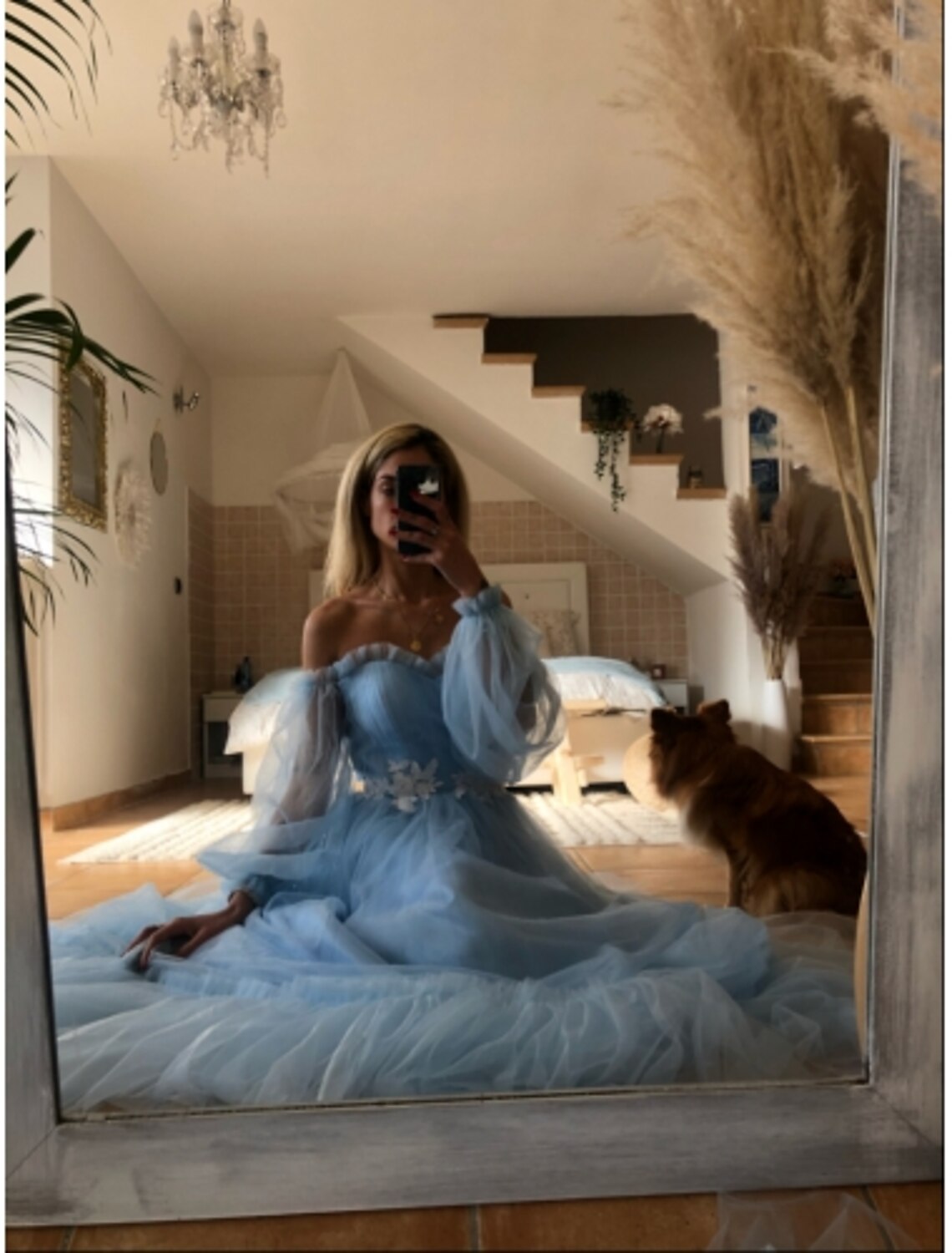 A-Line Minimalist Elegant Engagement Prom Dress Off Shoulder Long Sleeve Floor Length Tulle with Pleats Appliques