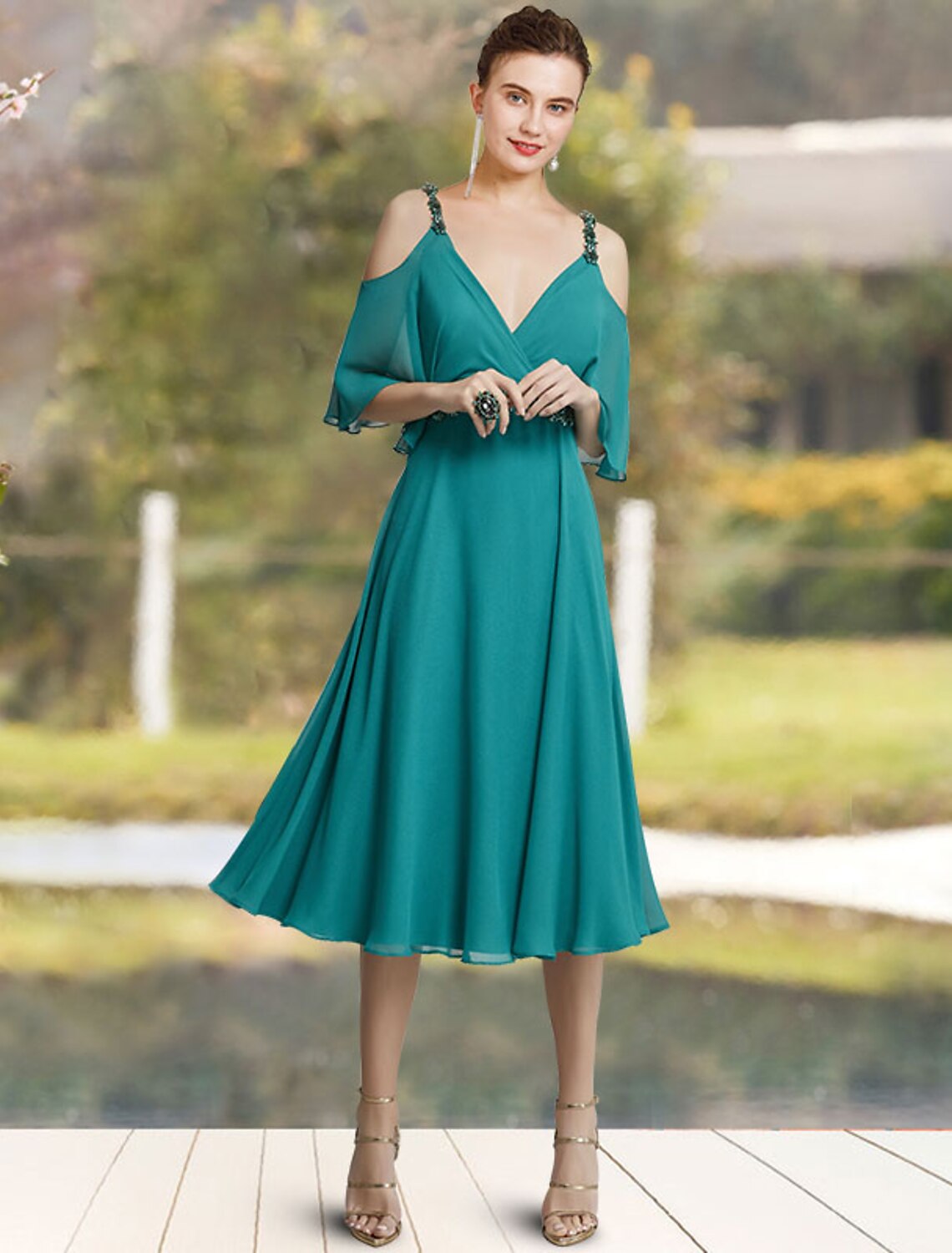 A-Line Mother of the Bride Dress Elegant Sweet V Neck Tea Length Chiffon Sleeveless with Sash / Ribbon Beading