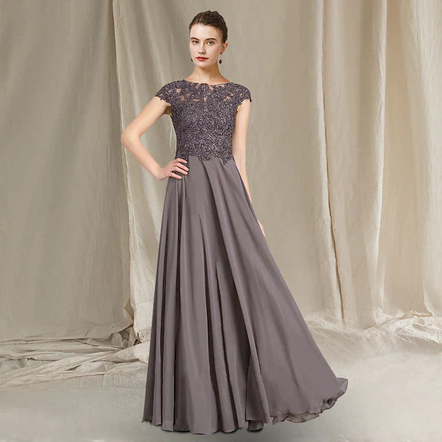 A-Line Mother of the Bride Dress Elegant Jewel Neck Floor Length Chiffon Lace Cap Sleeve with Pleats Appliques