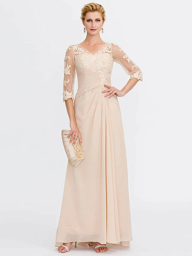 A-Line Mother of the Bride Dress Plus Size Elegant See Through V Neck Floor Length Chiffon Half Sleeve with Appliques Side Draping