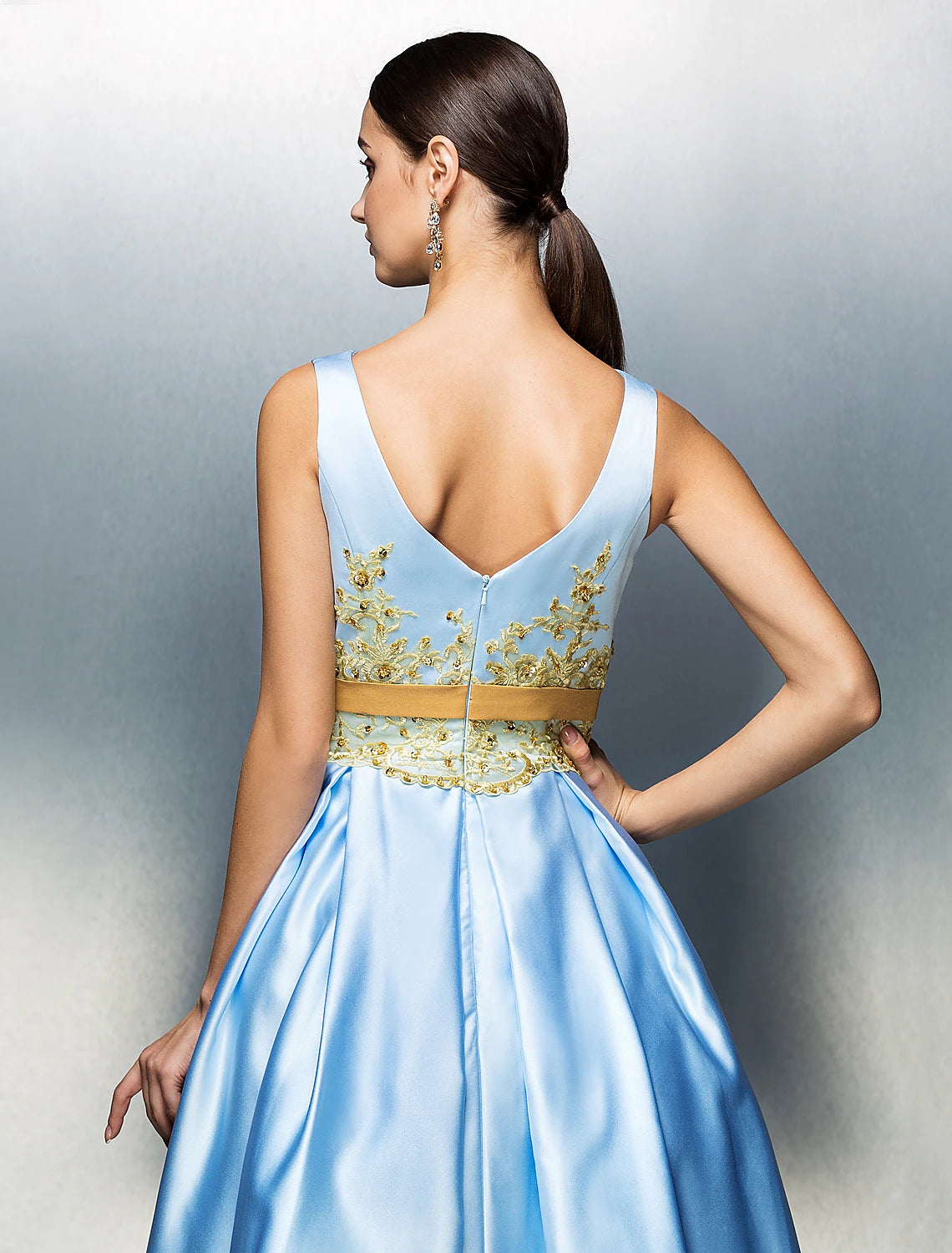 A-Line Cocktail Dresses Party Dress Wedding Guest Tea Length Sleeveless Jewel Neck Satin V Back with Pleats Appliques