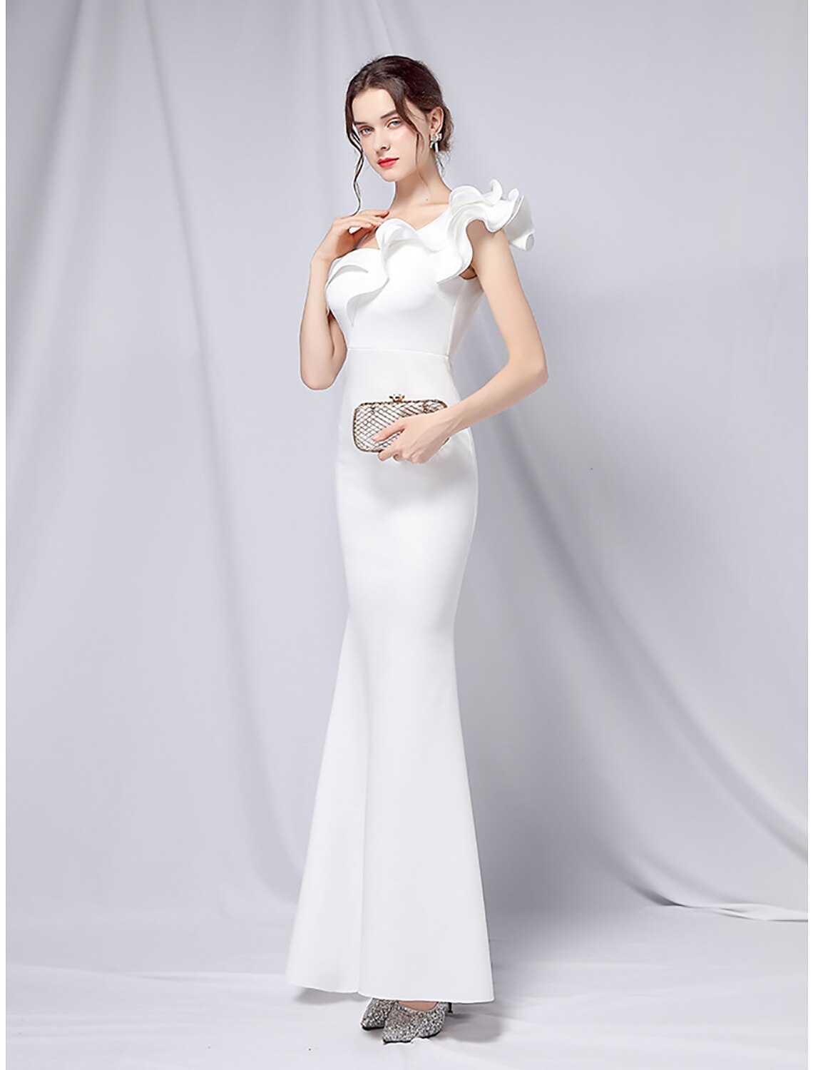 Mermaid / Trumpet Evening Gown Empire Dress Wedding Guest Floor Length Short Sleeve One Shoulder Stretch Satin with Ruffles