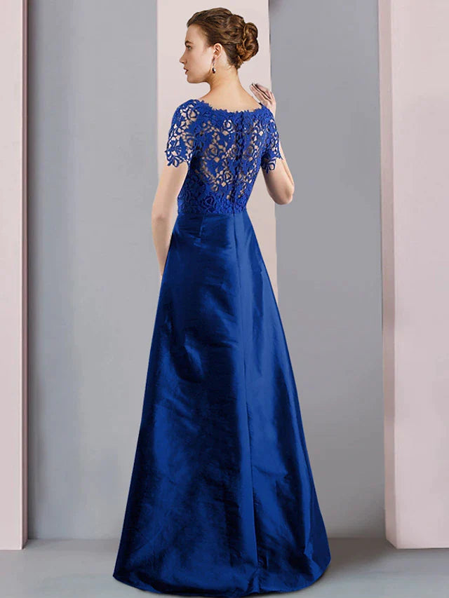 Two Piece Sheath / Column Mother of the Bride Dress Formal Church Elegant detachable Scoop Neck Knee Length Lace Taffeta Short Sleeve with Bow(s) Crystal Brooch