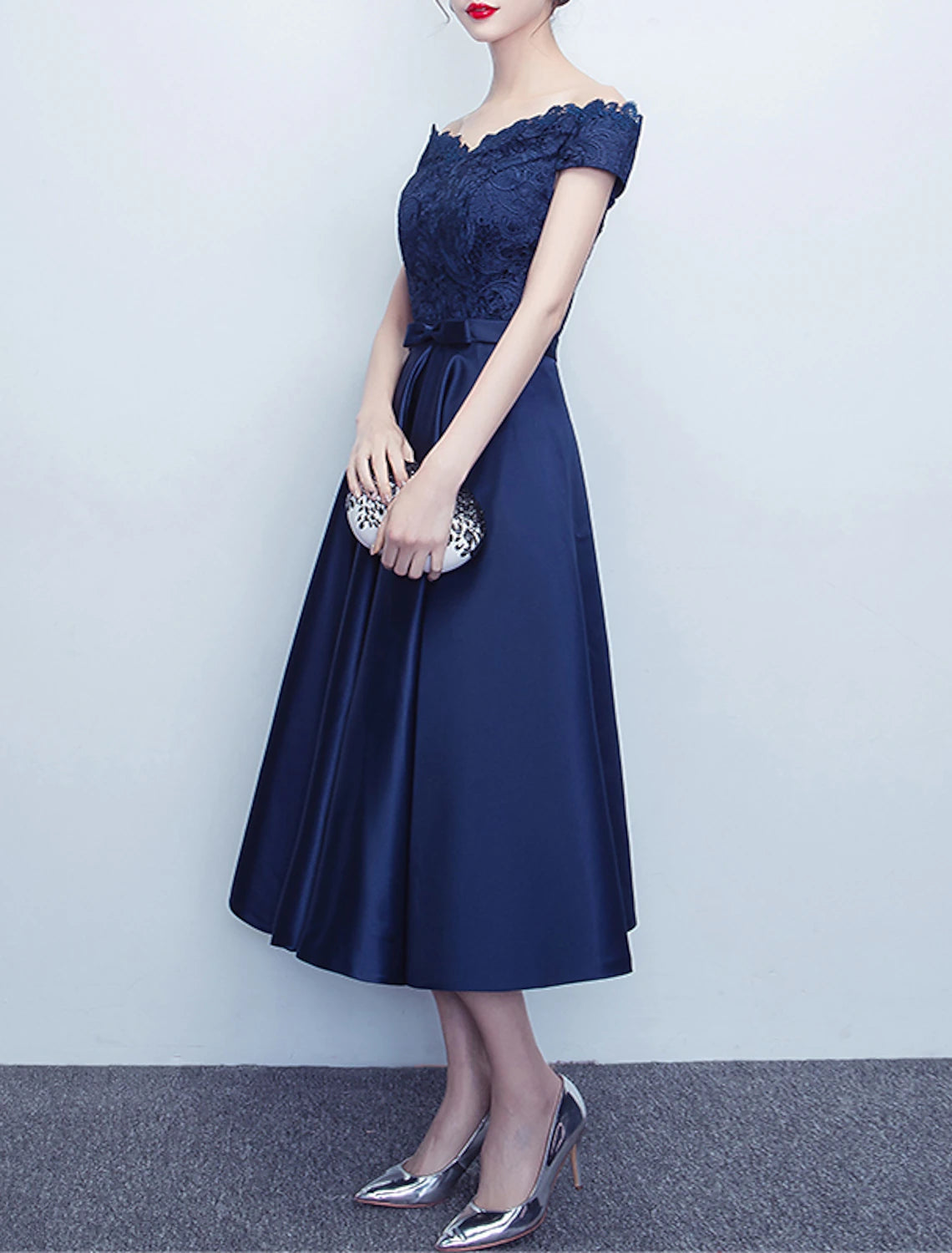 A-Line Cocktail Dresses Elegant Dress Wedding Guest Party Wear Tea Length Short Sleeve Off Shoulder Satin with Sash / Ribbon Bow(s) Pleats
