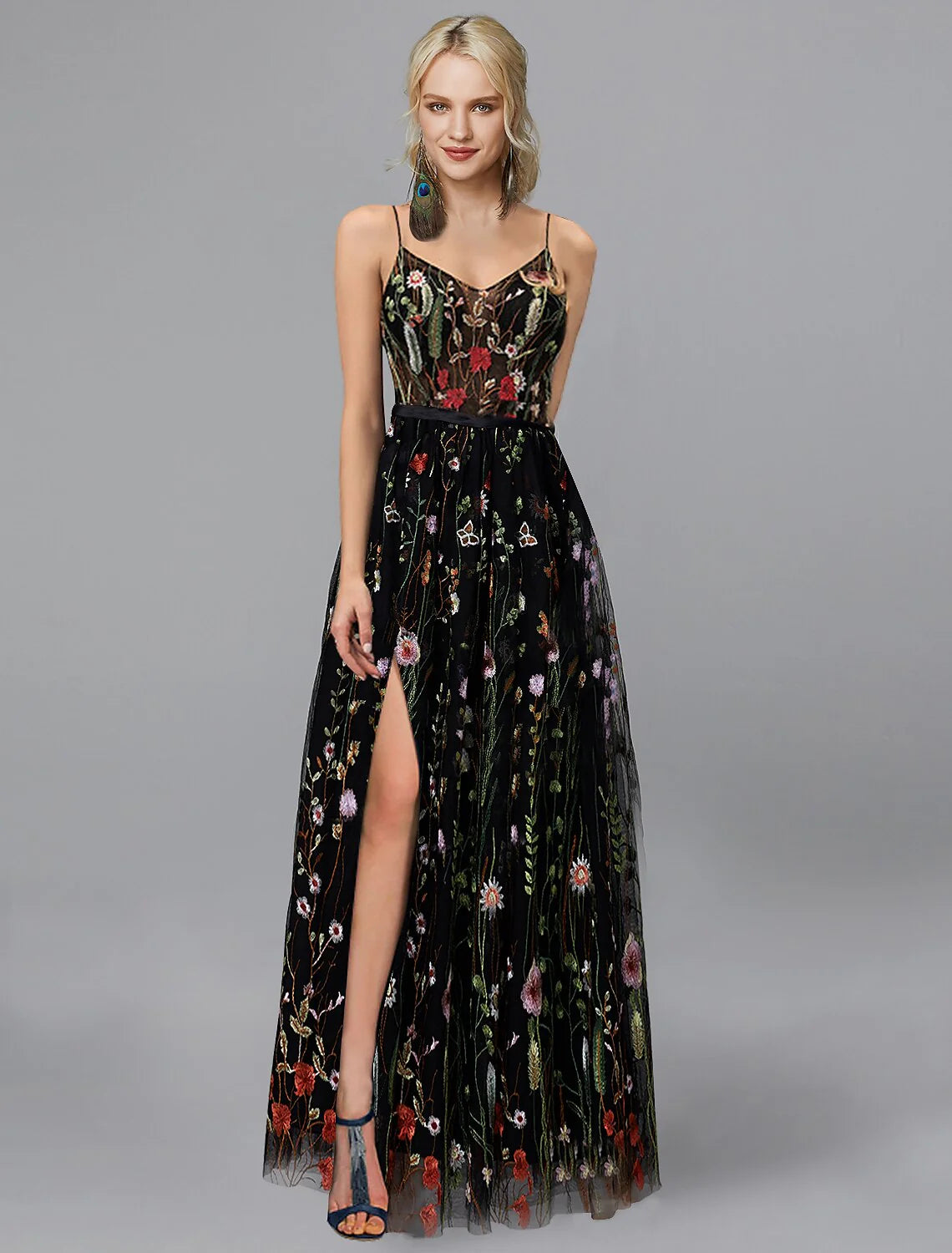 DingjiA-Line Prom Dresses Elegant Dress Wedding Guest Formal Evening Floor Length Sleeveless Spaghetti Strap Chiffon with Slit Appliques