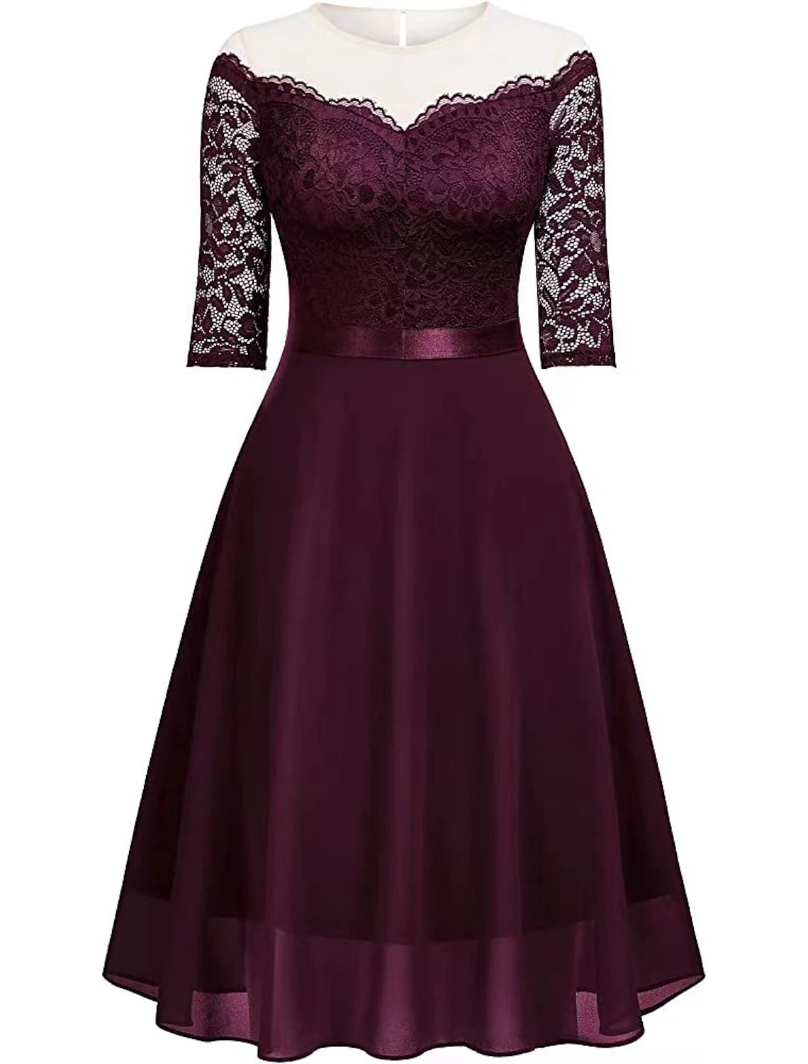 A-Line Cocktail Dresses Vintage Dress Party Wear Knee Length Half Sleeve Jewel Neck Fall Wedding Guest Lace with Pleats