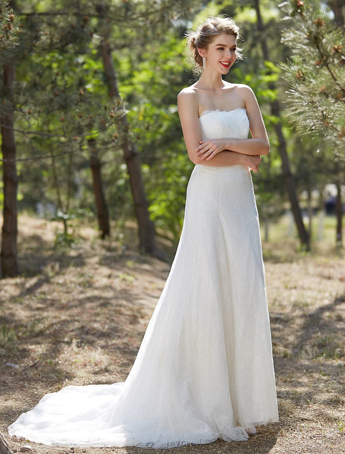 DingjiWedding Dresses A-Line Strapless Sleeveless Court Train Satin Bridal Gowns With Lace