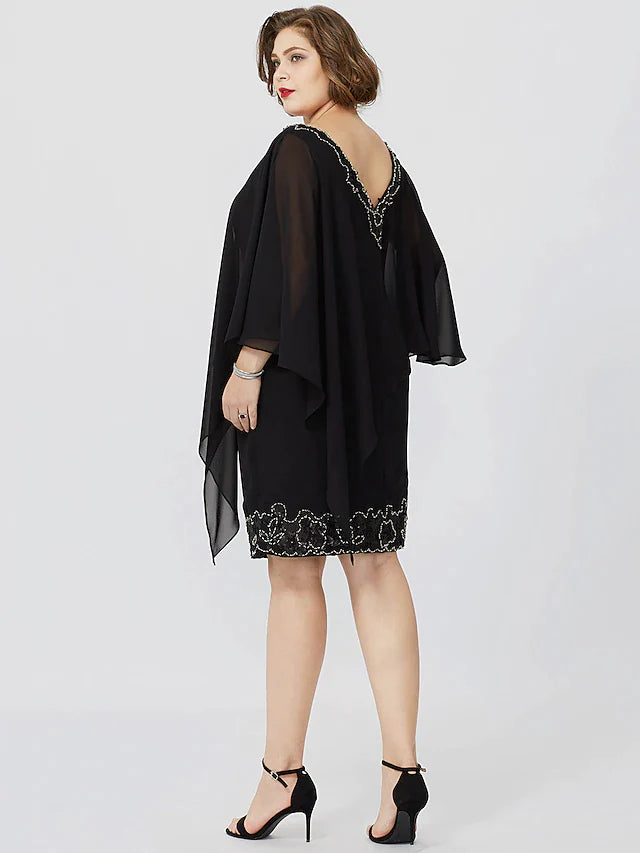 Sheath / Column Mother of the Bride Dress Formal Classic & Timeless Elegant & Luxurious Plus Size V Neck Knee Length Chiffon Sleeveless No with Crystals Beading