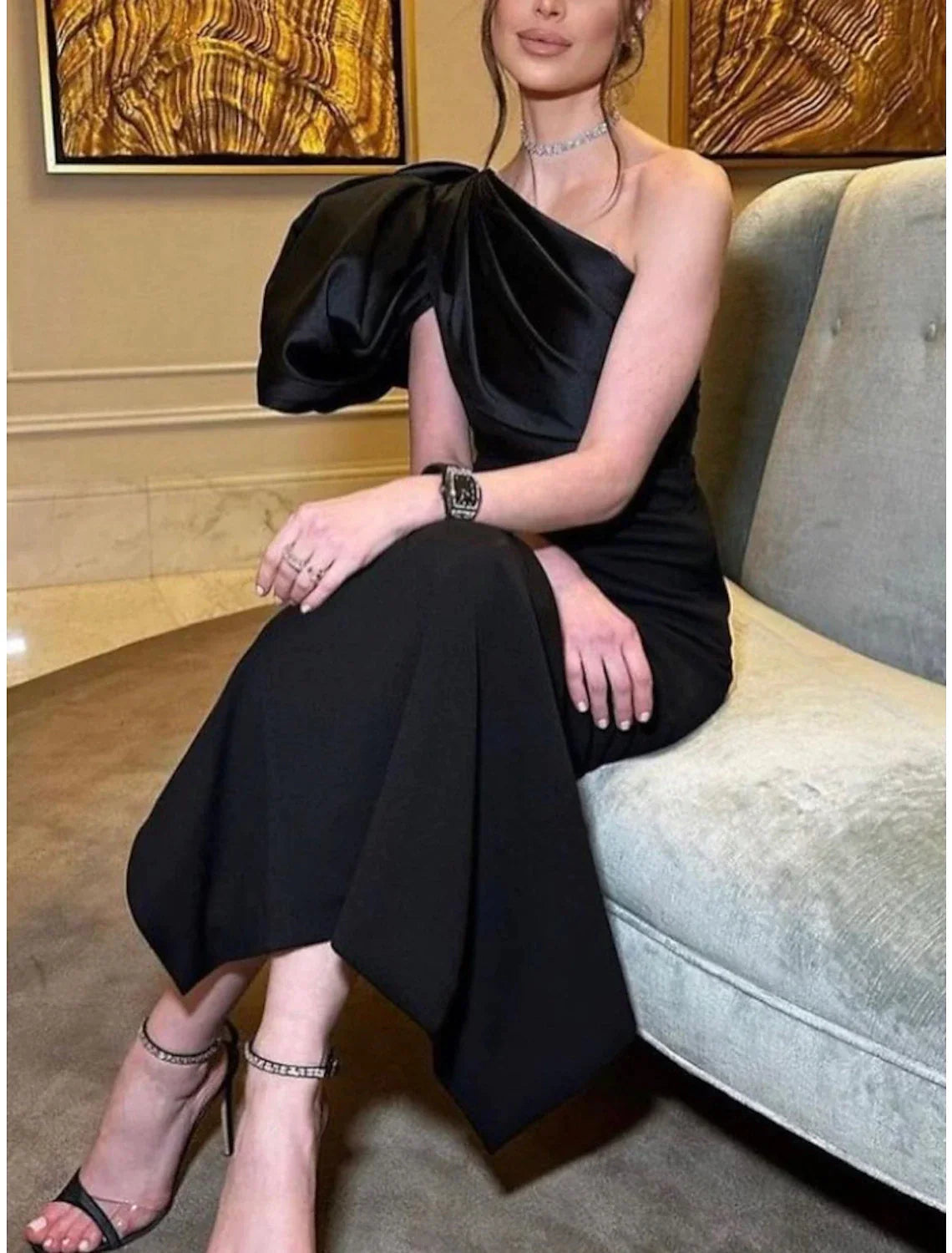 Sheath / Column Evening Gown Elegant Dress Formal Ankle Length Black Dress Short Sleeve One Shoulder Satin with Ruched