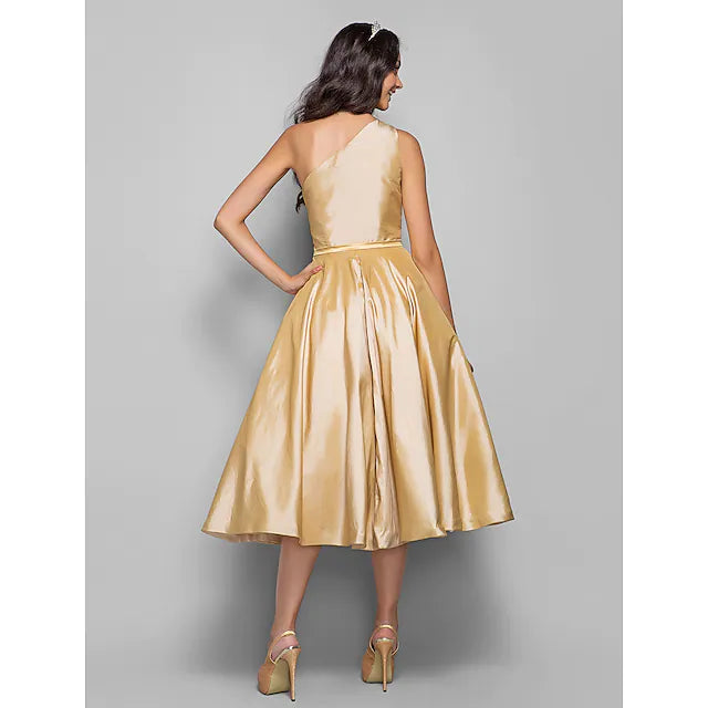 DingjiA-Line Minimalist Elegant Cocktail Party Wedding Party Dress One Shoulder Sleeveless Tea Length Taffeta with Sash / Ribbon