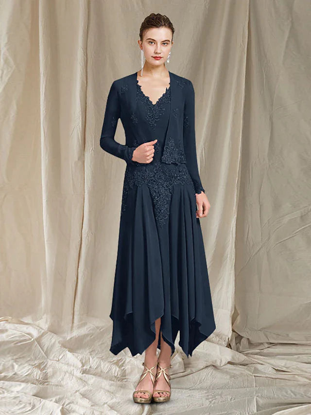 DingjiTwo Piece A-Line Mother of the Bride Dress Elegant V Neck Ankle Length Chiffon Lace Sleeveless Wrap Included with Pleats Appliques