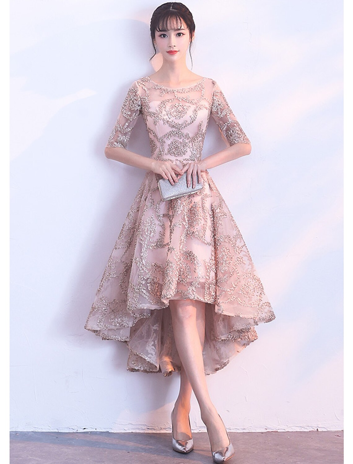 A-Line Elegant Vintage Cocktail Party Formal Evening Dress Illusion Neck Half Sleeve Asymmetrical Lace with Pleats Appliques