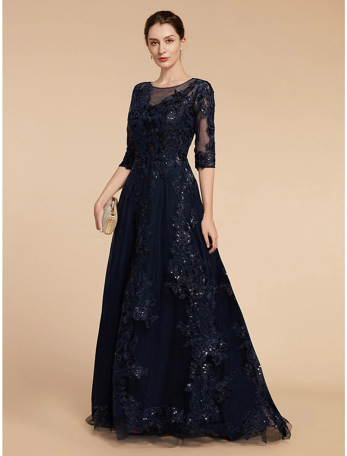 DingjiA-Line Mother of the Bride Dress Formal Wedding Guest Elegant Party Scoop Neck Floor Length Chiffon Lace 3/4 Length Sleeve with Sequin Appliques