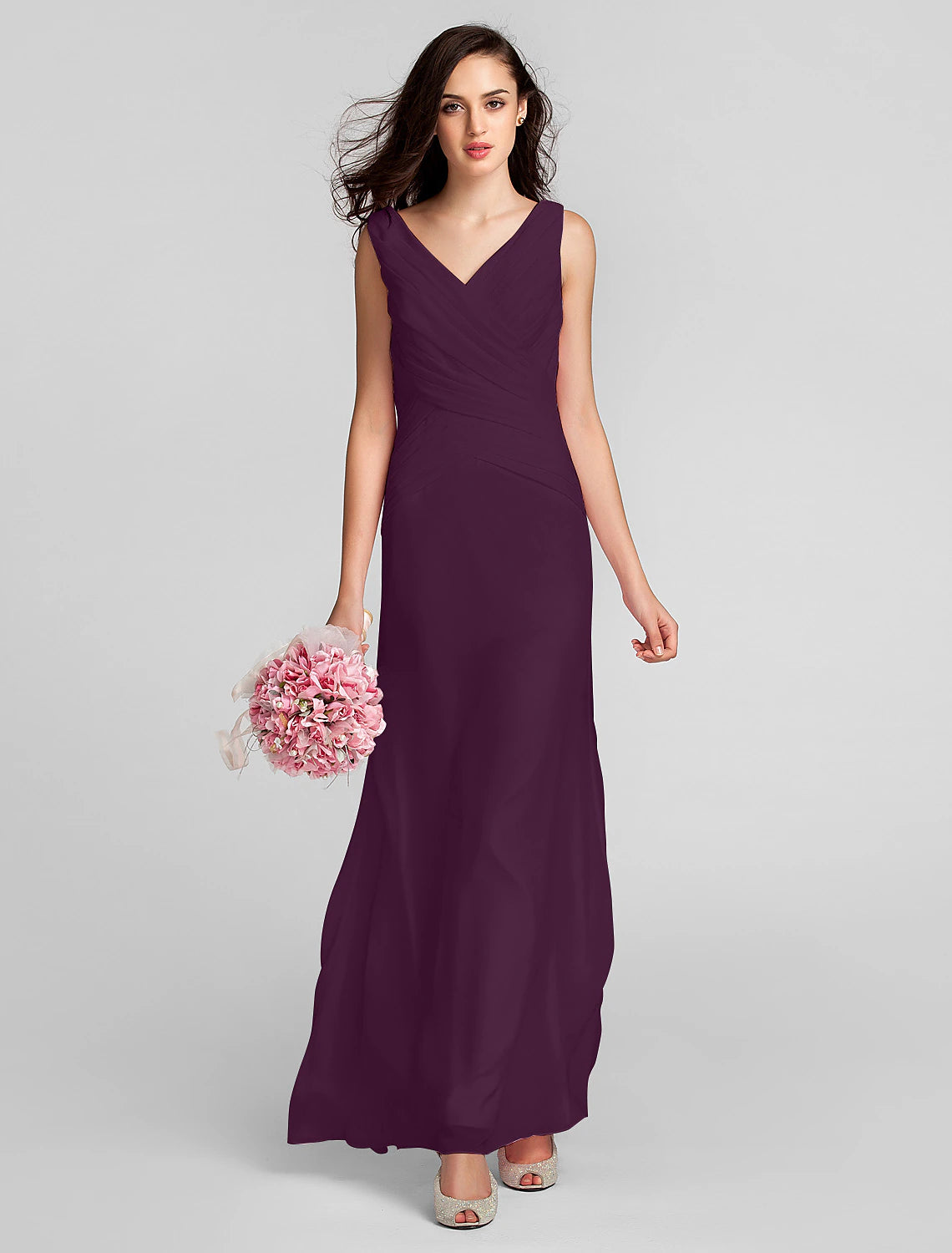Sheath / Column Bridesmaid Dress V Neck Sleeveless Floor Length Chiffon with Criss Cross