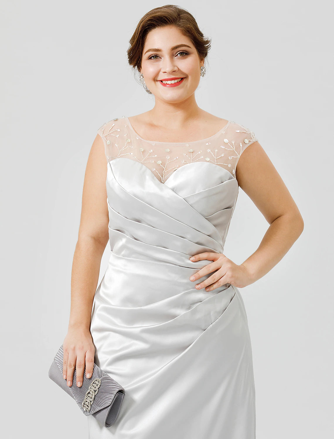 Sheath / Column Mother of the Bride Dress Classic & Timeless Elegant & Luxurious Plus Size Jewel Neck Floor Length Satin Sleeveless No with Pleats Crystals