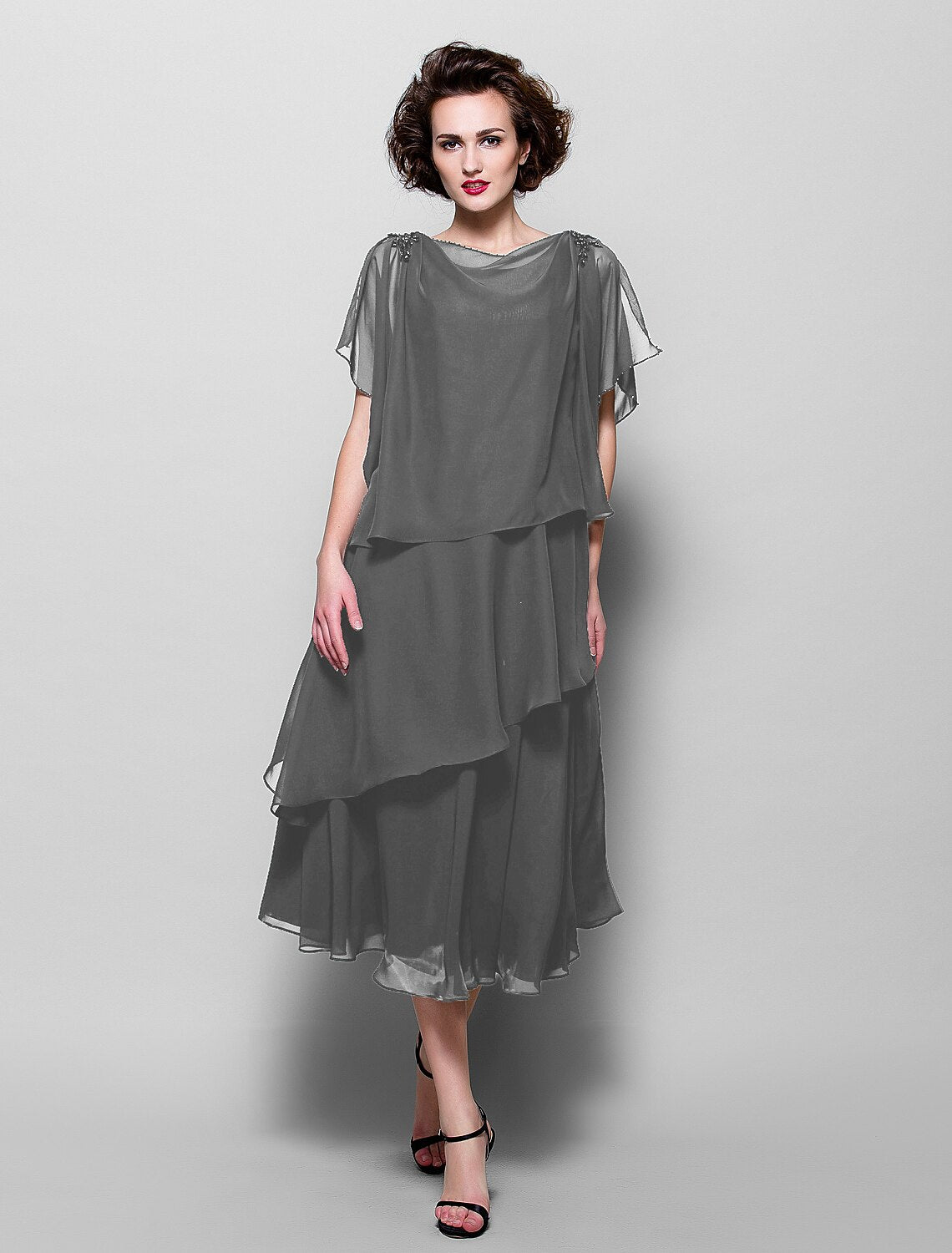 A-Line Mother of the Bride Dress Plus Size Elegant Cowl Neck Tea Length Chiffon Short Sleeve with Ruffles Crystal Brooch