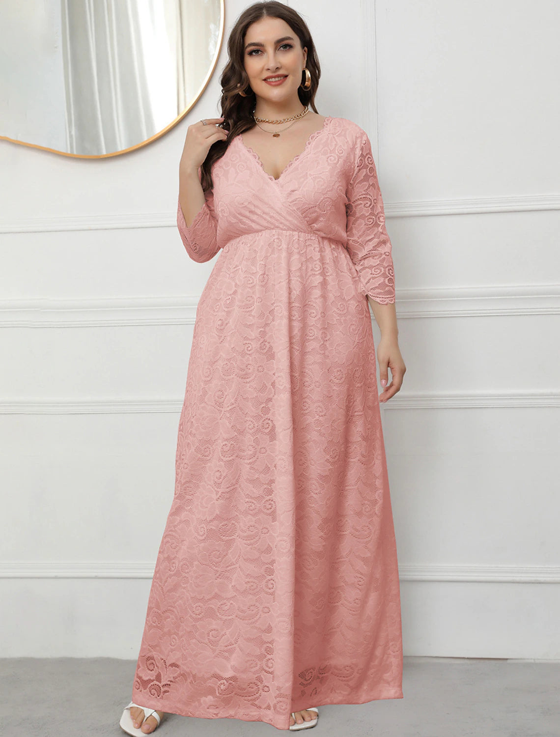 A-Line Evening Gown Vintage Dress Party Wear Formal Evening Floor Length 3/4 Length Sleeve V Neck Lace with Sleek Lace Insert