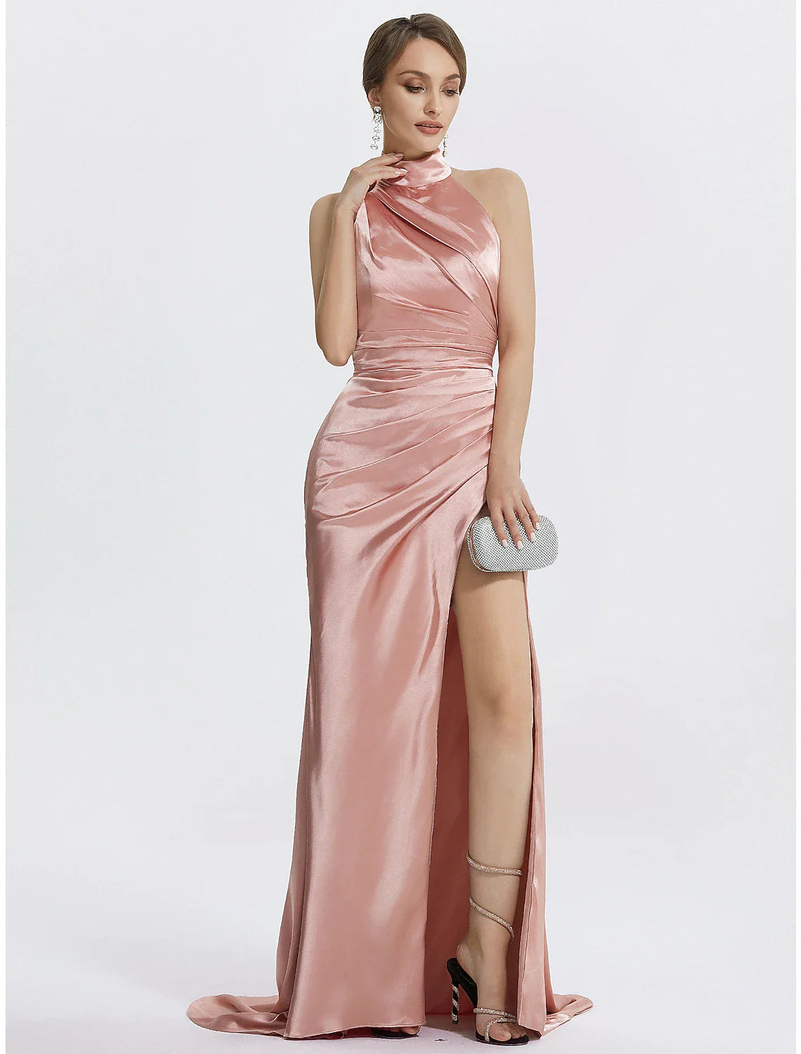 DingjiMermaid / Trumpet Prom Dresses High Waisted Dress Evening Party Black Tie Floor Length Sleeveless Halter Neck Satin with Ruched