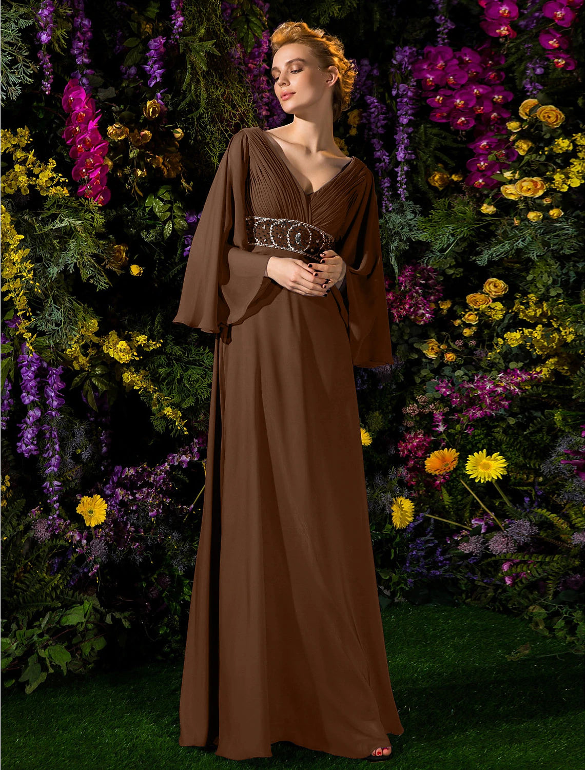 A-Line Mother of the Bride Dress Vintage Inspired V Neck Floor Length Chiffon Long Sleeve with Crystals Beading Side Draping