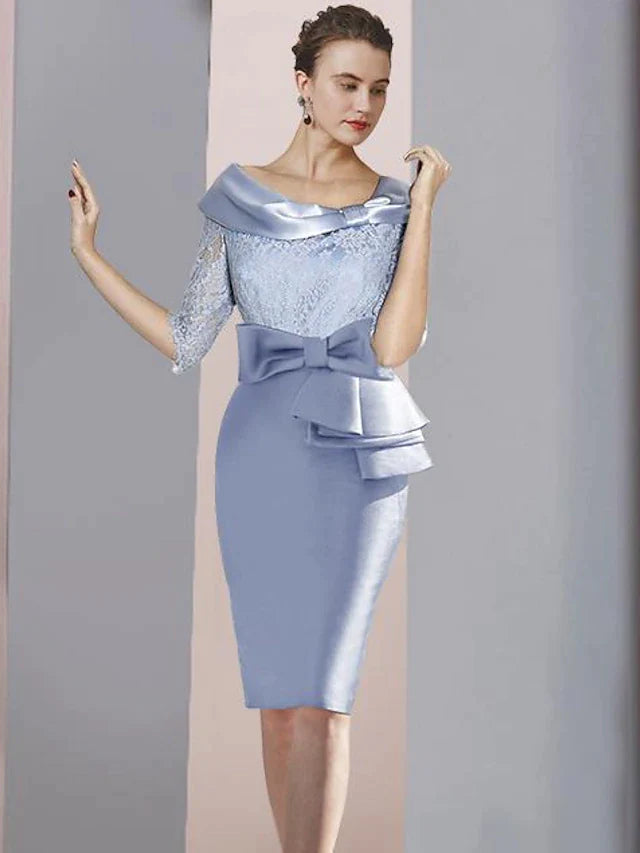 DingjiSheath / Column Mother of the Bride Dress Wedding Guest Party Elegant Scoop Neck Knee Length Satin Lace Half Sleeve with Bow(s) Ruching