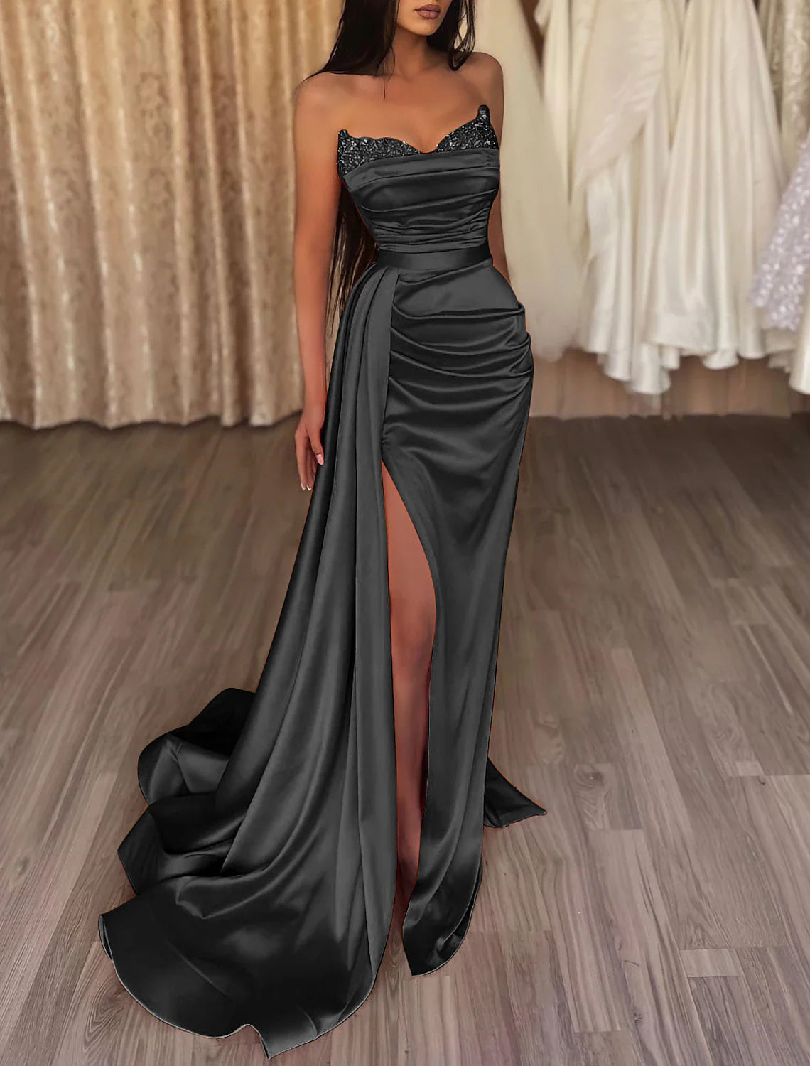 DingjiMermaid Ruched Evening Gown Satin Dress Cocktail Party Prom Court Train Sleeveless Strapless Bridesmaid Dress with Beading Sequin Pure Color