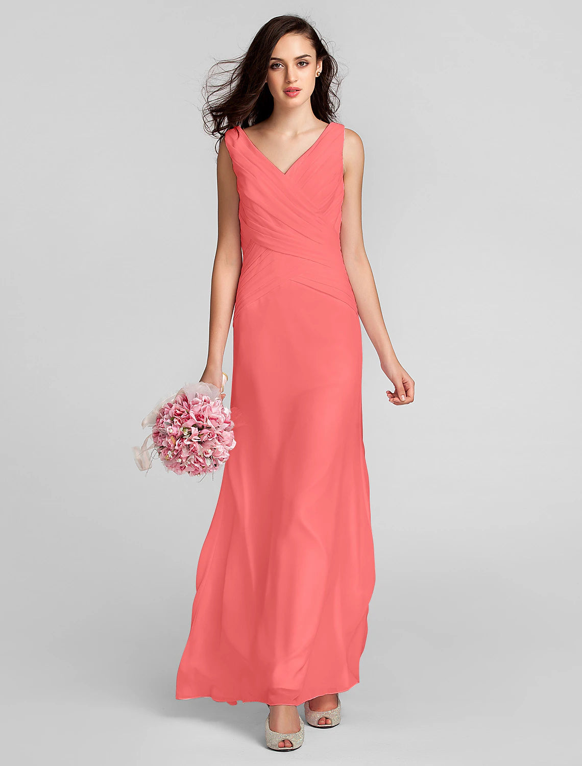 Sheath / Column Bridesmaid Dress V Neck Sleeveless Floor Length Chiffon with Criss Cross