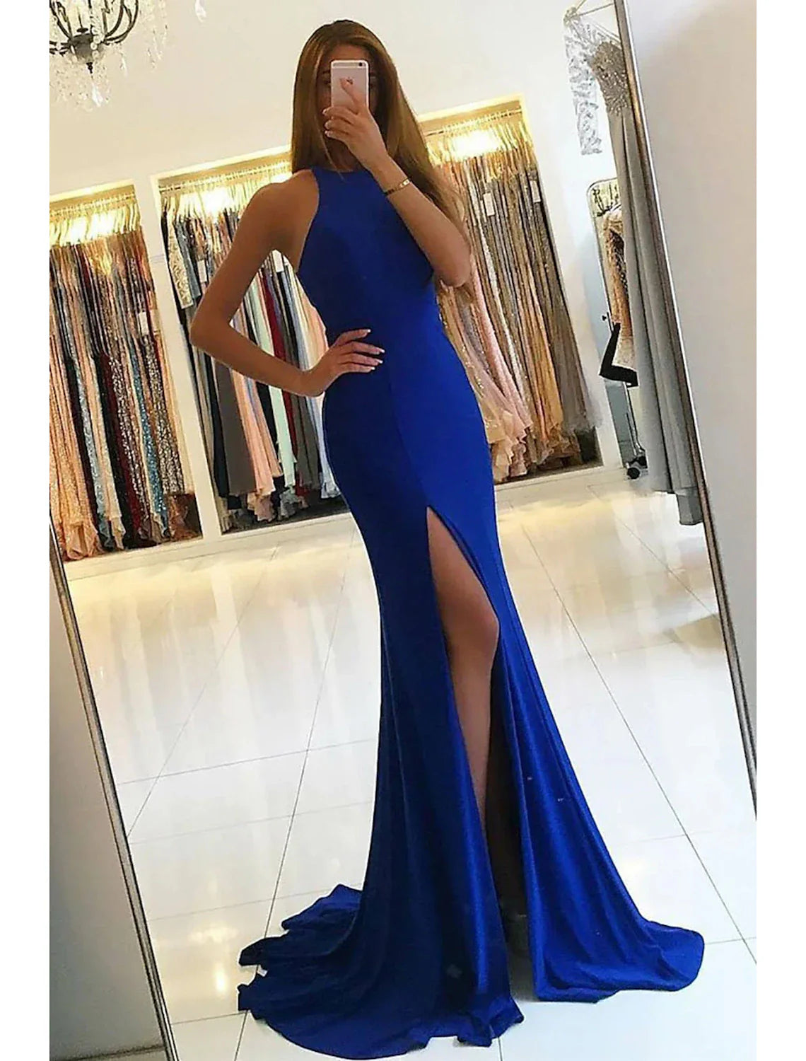 DingjiMermaid / Trumpet Evening Gown Bodycon Dress Formal Prom Court Train Sleeveless High Neck Stretch Fabric with Slit