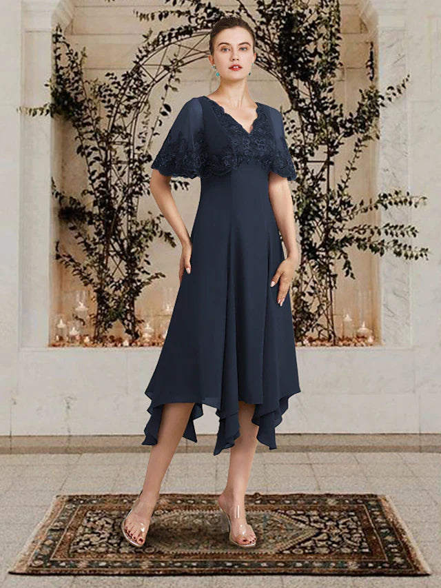 A-Line Mother of the Bride Dress Plus Size Elegant High Low V Neck Asymmetrical Tea Length Chiffon Lace Sleeveless with Appliques