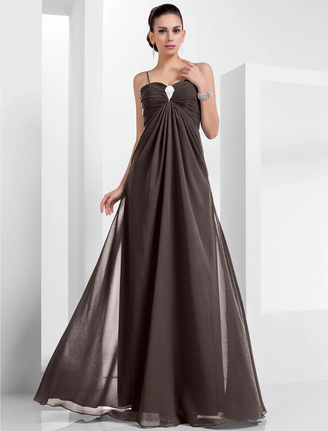 A-Line Empire Holiday Formal Evening Dress Spaghetti Strap Sleeveless Floor Length Chiffon with Crystals