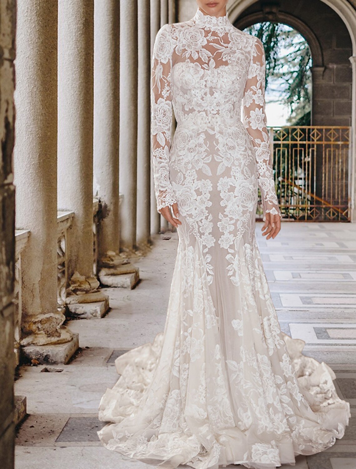 Engagement Formal Fall Boho Wedding Dresses Mermaid / Trumpet High Neck Long Sleeve Court Train Lace Bridal Gowns With Appliques Summer Wedding Party, Women‘s Clothing