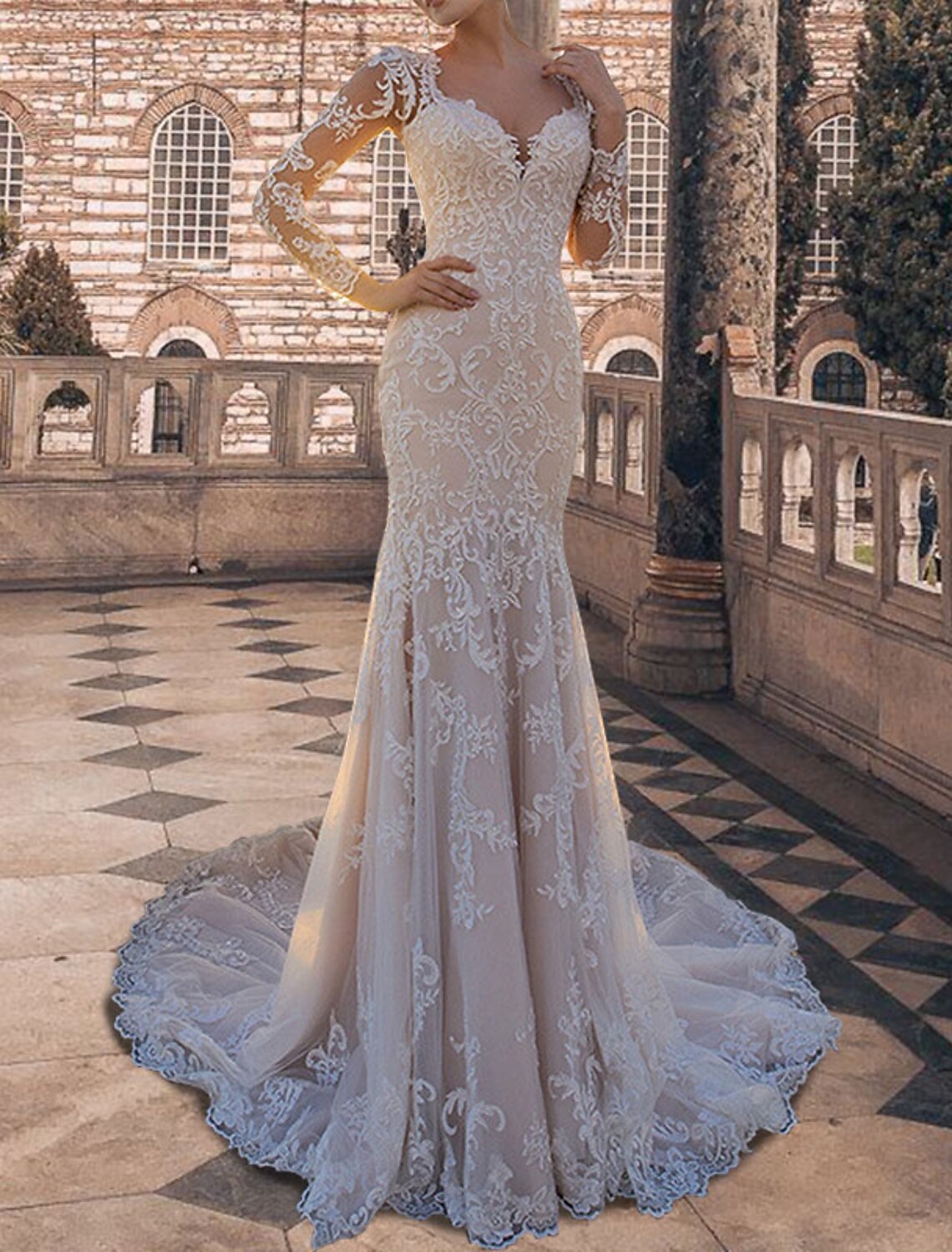 Formal Fall Wedding Dresses Mermaid / Trumpet Square Neck Sweetheart Open Back Long Sleeve Court Train Lace Bridal Gowns With Appliques Summer Wedding Party, Women‘s Clothing