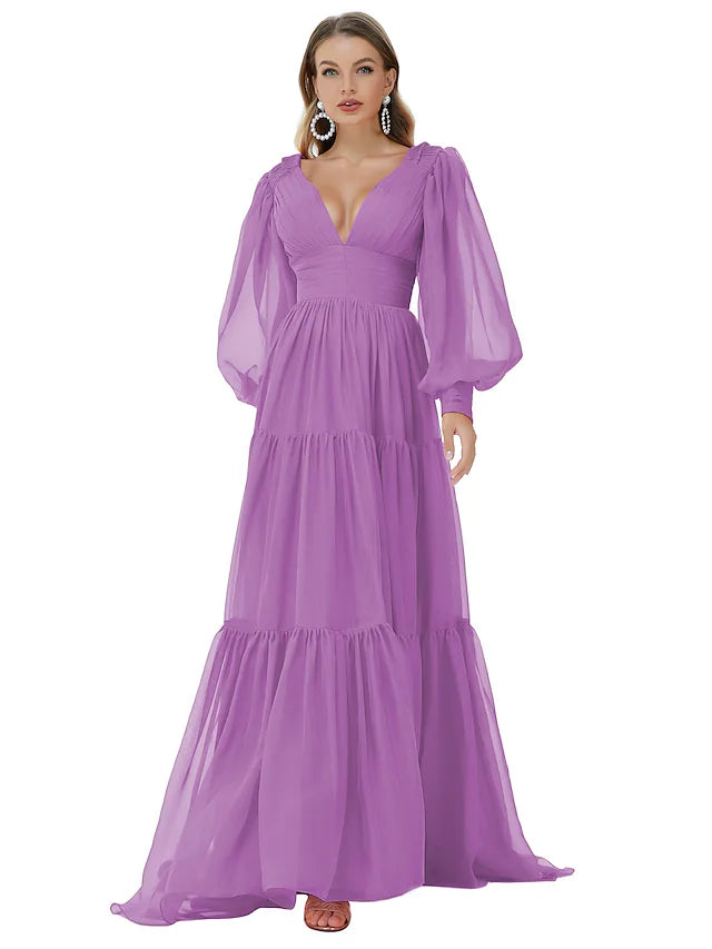 DingjiA-Line Evening Gown Sexy Dress Party Wear Sweep / Brush Train Long Sleeve V Neck Chiffon with Ruched