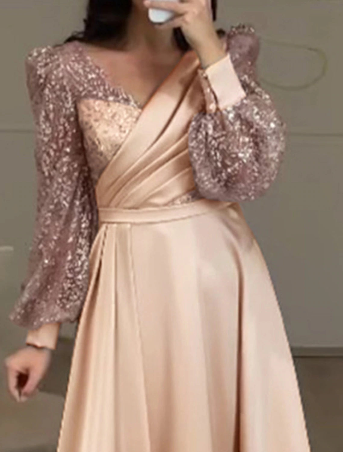 A-Line Cocktail Dresses Elegant Dress Wedding Guest Party Wear Tea Length Long Sleeve V Neck Fall Wedding Guest Satin with Ruched