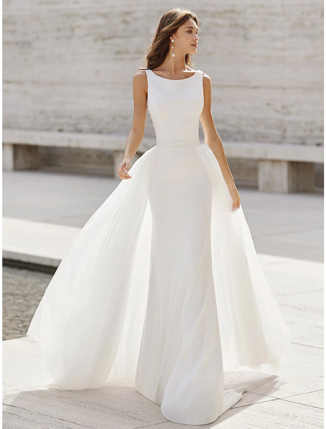 Beach Open Back Wedding Dresses Mermaid / Trumpet Scoop Neck Sleeveless Court Train Satin Bridal Suits Bridal Gowns With Appliques 2023 Summer Wedding Party