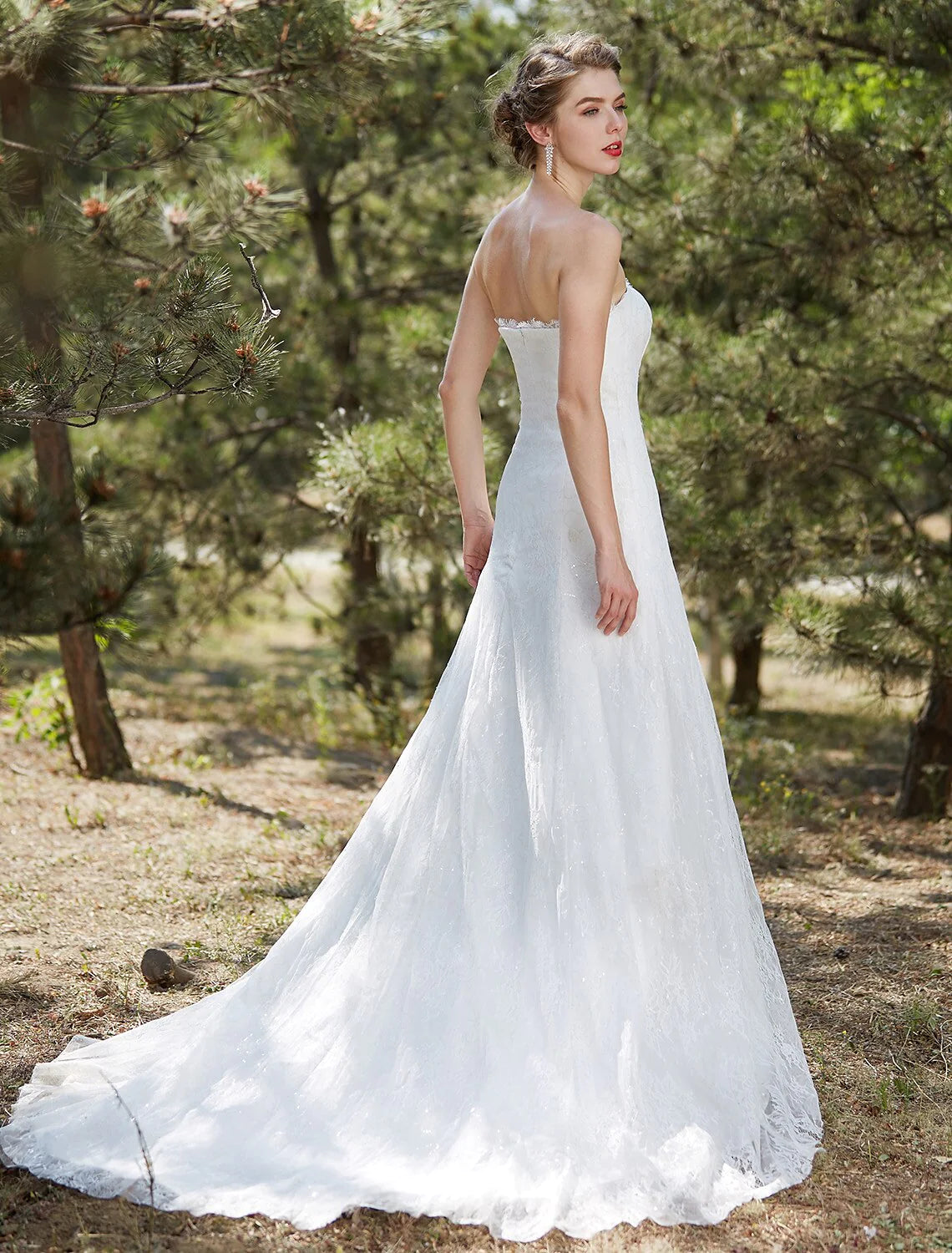 DingjiWedding Dresses A-Line Strapless Sleeveless Court Train Satin Bridal Gowns With Lace