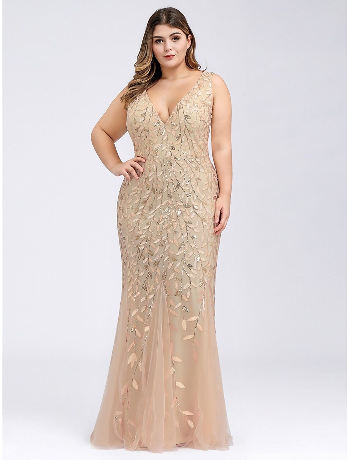 Mermaid / Trumpet Plus Size Sexy Prom Formal Evening Dress V Neck Sleeveless Floor Length Tulle with Appliques
