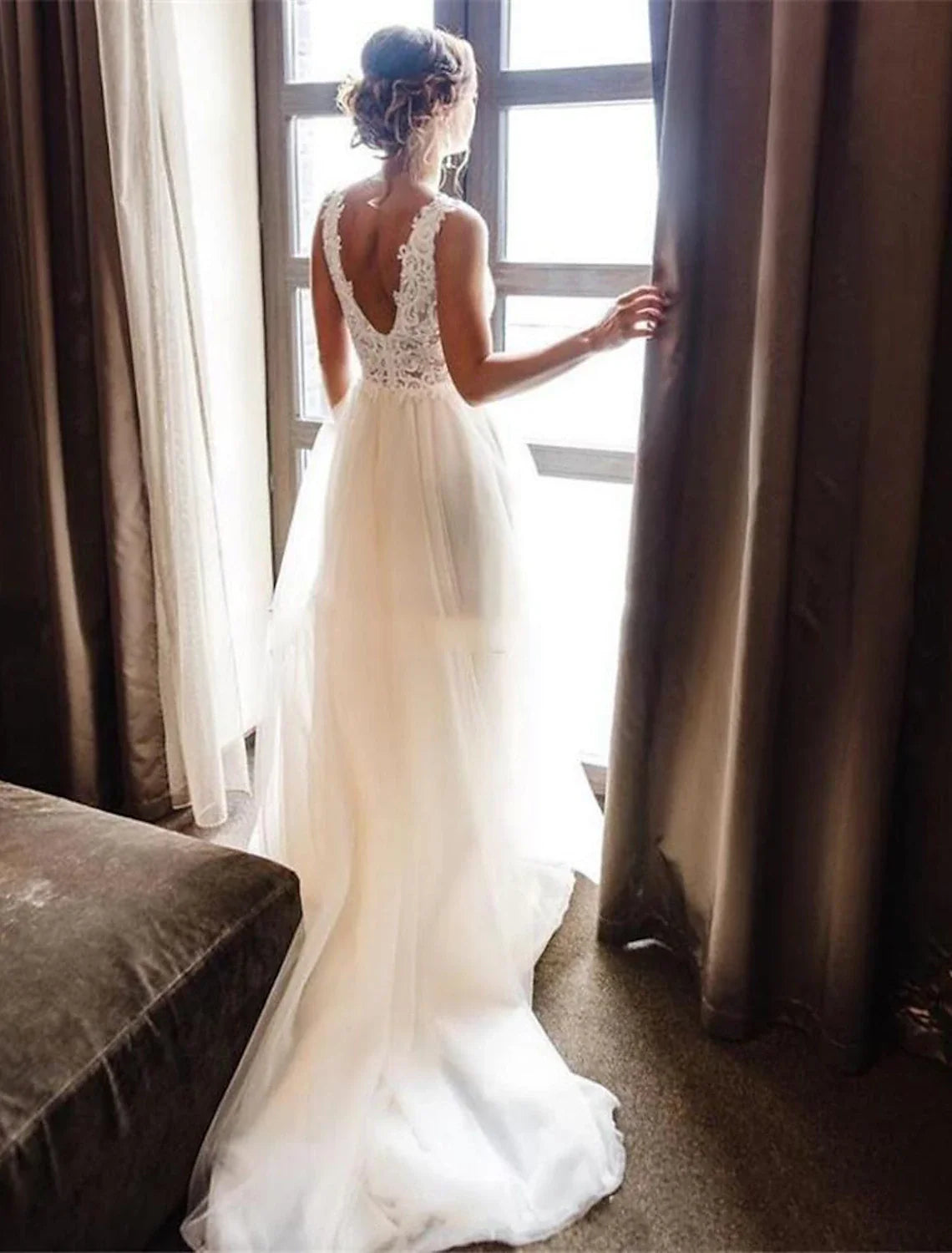 DingjiBeach Wedding Dresses A-Line V Neck Sleeveless Sweep / Brush Train Lace Bridal Gowns With Pleats Appliques