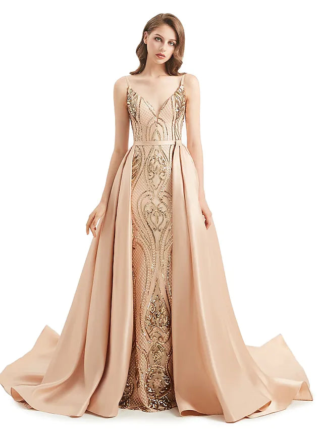 DingjiMermaid / Trumpet Evening Gown Elegant Dress Engagement Detachable Sleeveless V Neck Detachable Sequined with Sequin