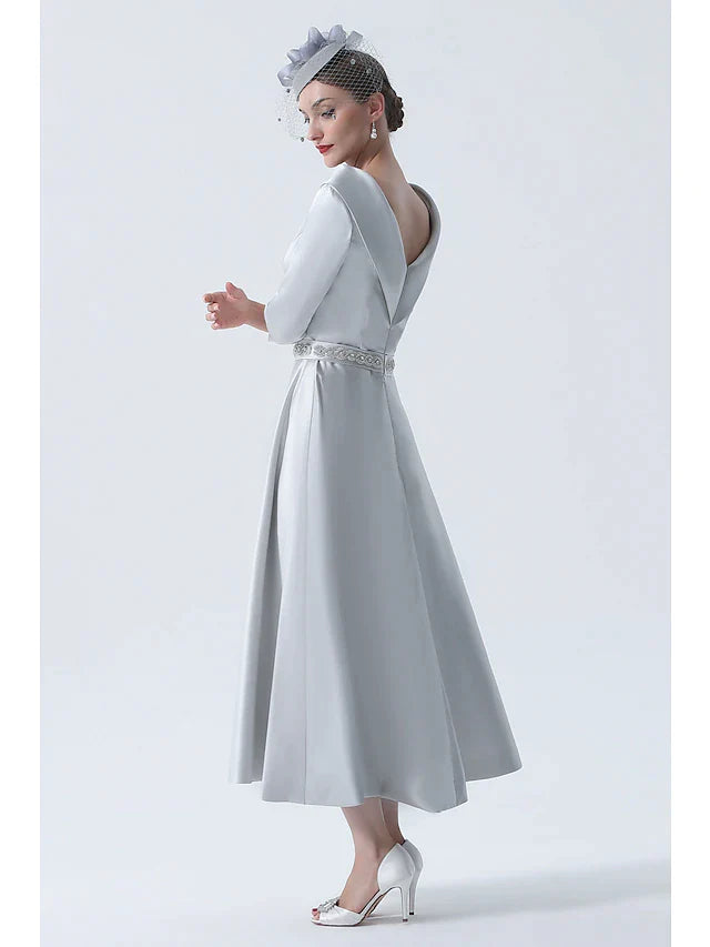 A-Line Mother of the Bride Dress Wedding Guest Vintage Plus Size Elegant Bateau Neck Tea Length Satin 3/4 Length Sleeve with Beading