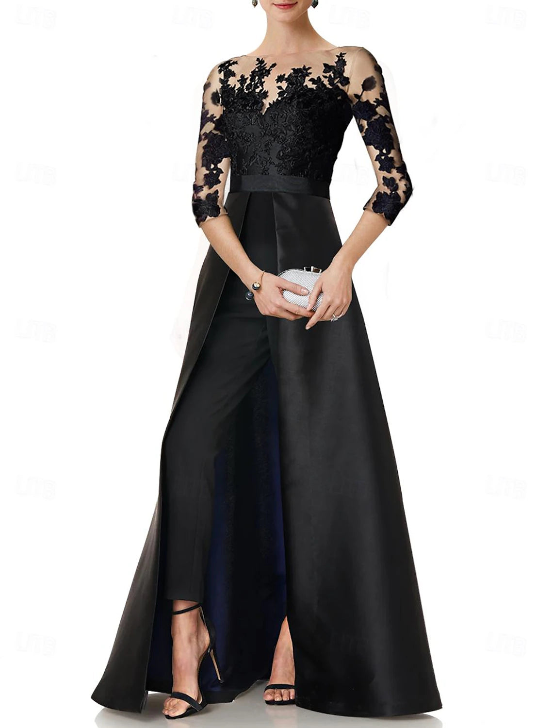Jumpsuits Mother of the Bride Dress Wedding Guest Elegant Party Jewel Neck Floor Length Satin 3/4 Length Sleeve with Appliques Solid Color