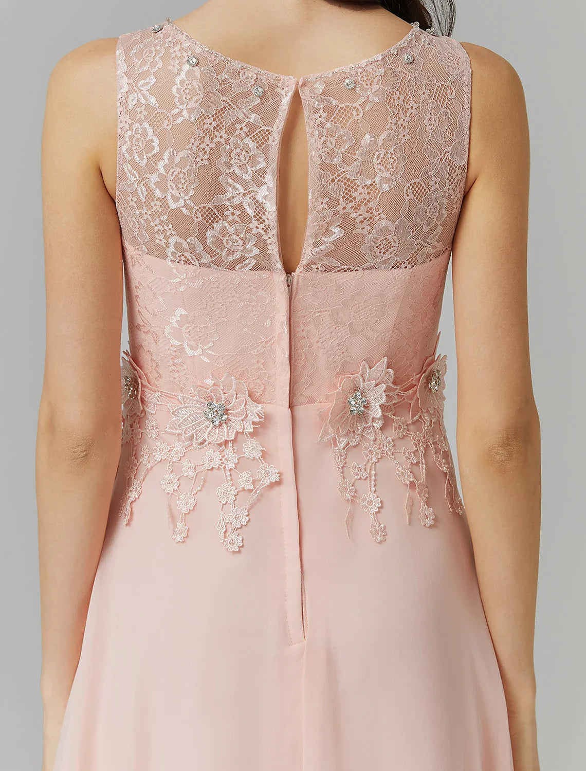 A-Line Empire Dress Valentine's Day Wedding Guest Floor Length Sleeveless Illusion Neck Bridesmaid Dress Chiffon with Beading Appliques