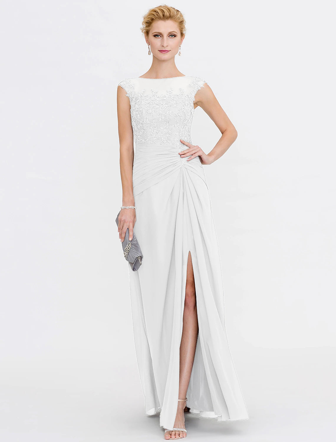A-Line Mother of the Bride Dress Wedding Guest Elegant See Through Bateau Neck Floor Length Chiffon Lace Sleeveless with Side Draping Fall
