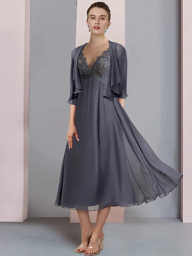 Two Piece Mother of the Bride Dress Formal Wedding Guest Elegant V Neck Tea Length Chiffon Lace Short Sleeve Wrap Included with Ruched Appliques