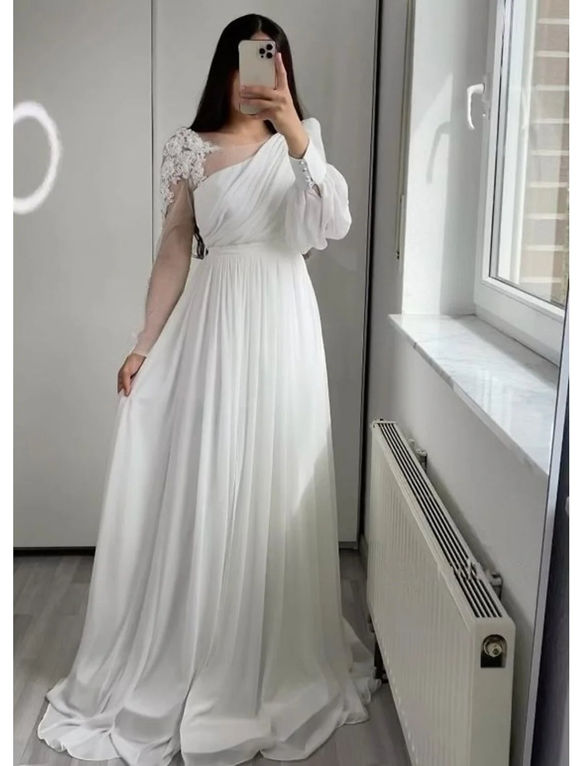 DingjiLittle White Dresses Wedding Dresses A-Line Boat Neck Long Sleeve Floor Length Chiffon Bridal Gowns With Pleats Appliques
