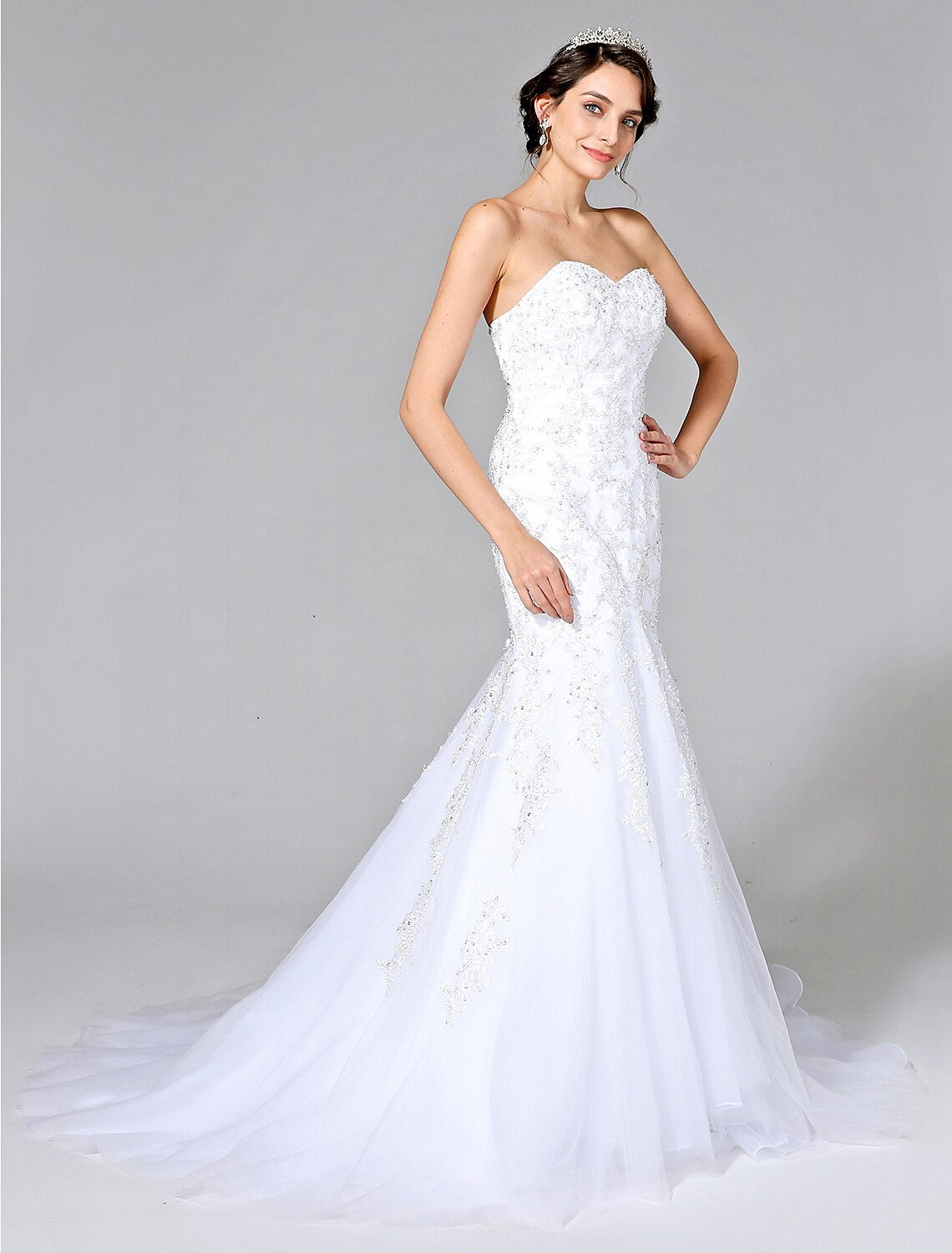 Wedding Dresses Mermaid / Trumpet Sweetheart Sleeveless Sweep / Brush Train Tulle Bridal Gowns With Crystal Beading