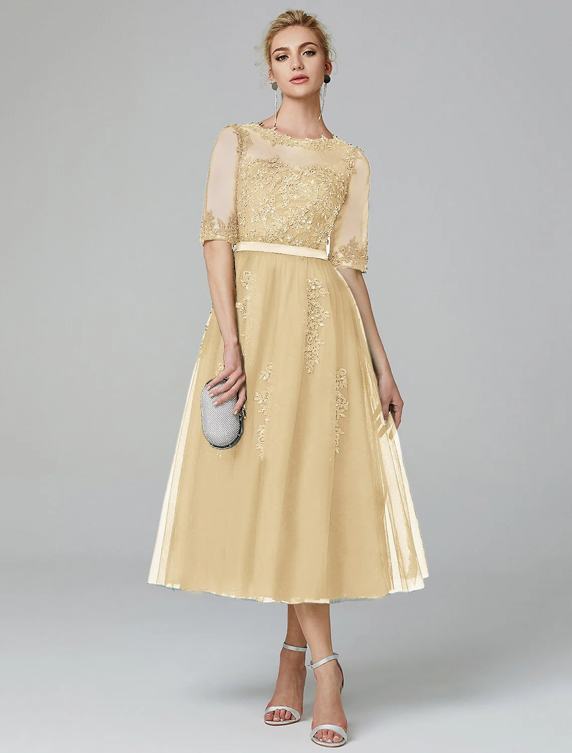 DingjiA-Line Cocktail Dress Christmas Red Green Dress Formal Evening Kentucky Derby Tea Length Sleeveless Illusion Neck Fall Wedding Guest Lace Over Tulle with Sequin Appliques