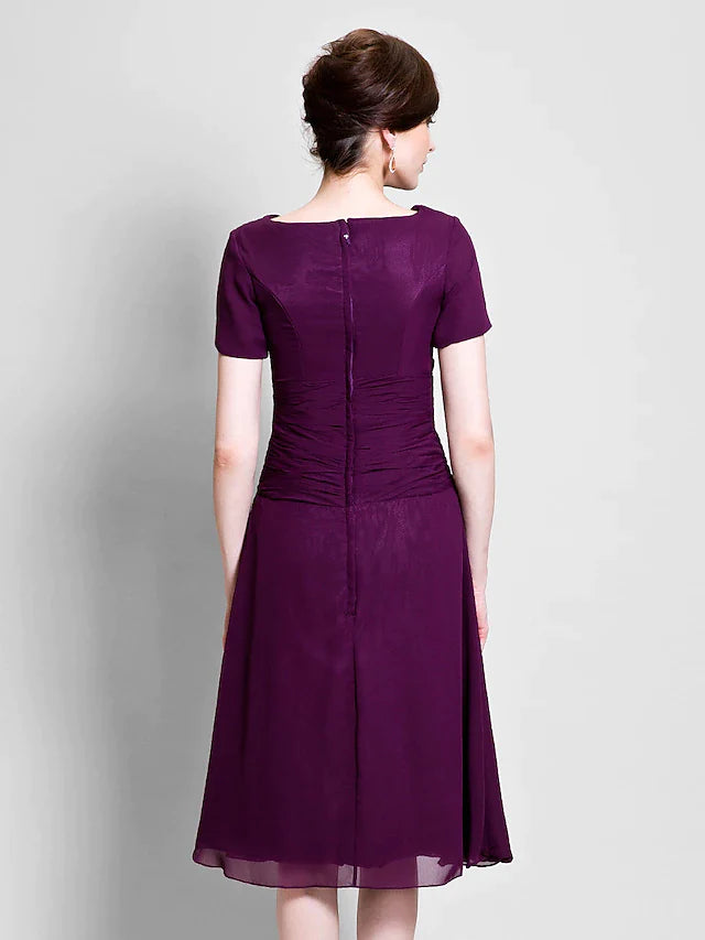 DingjiA-Line Mother of the Bride Dress Cowl Neck Tea Length Chiffon Short Sleeve with Ruched Side Draping