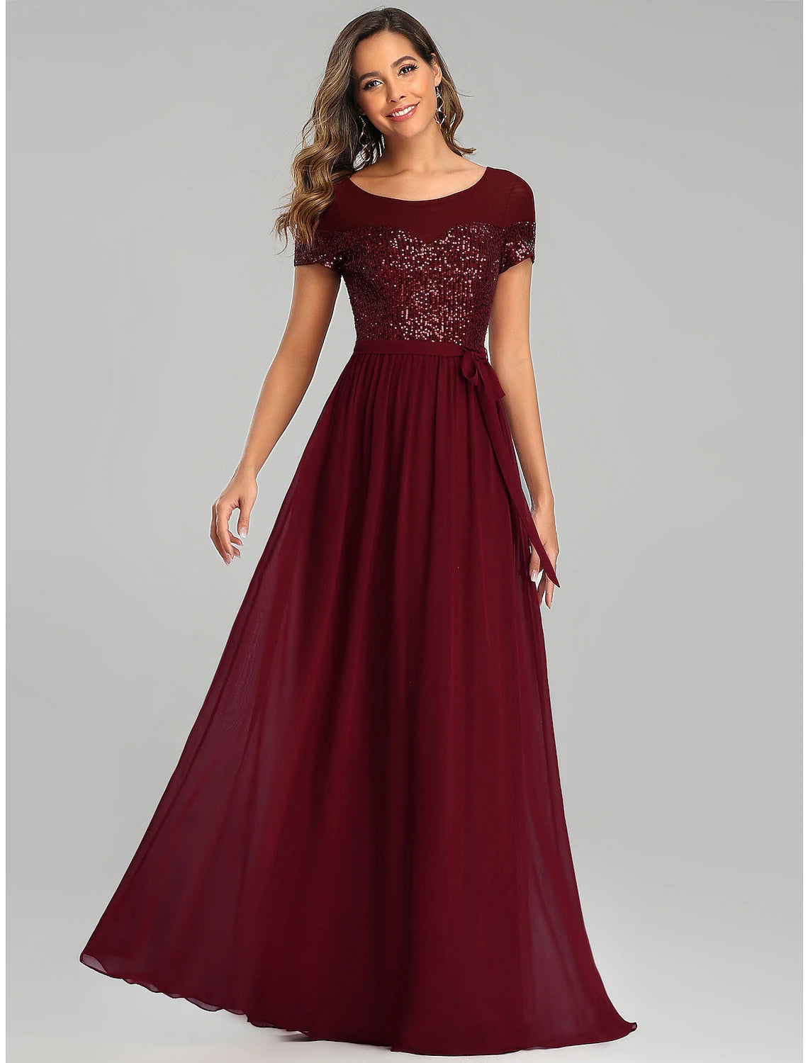 A-Line Bridesmaid Dress Jewel Neck Short Sleeve Elegant Floor Length Chiffon with Sash / Ribbon / Sequin / Sparkle & Shine