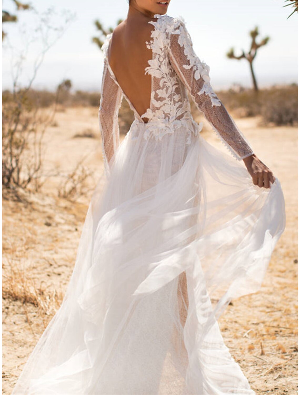 Beach Wedding Dresses A-Line V Neck Long Sleeve Sweep / Brush Train Lace Bridal Gowns With Appliques